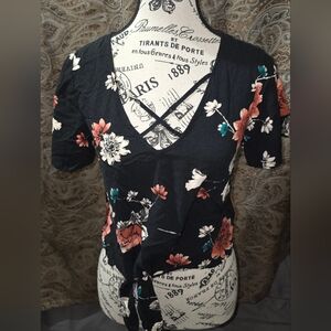 Floral V-Neck Top with Cross Back Detail